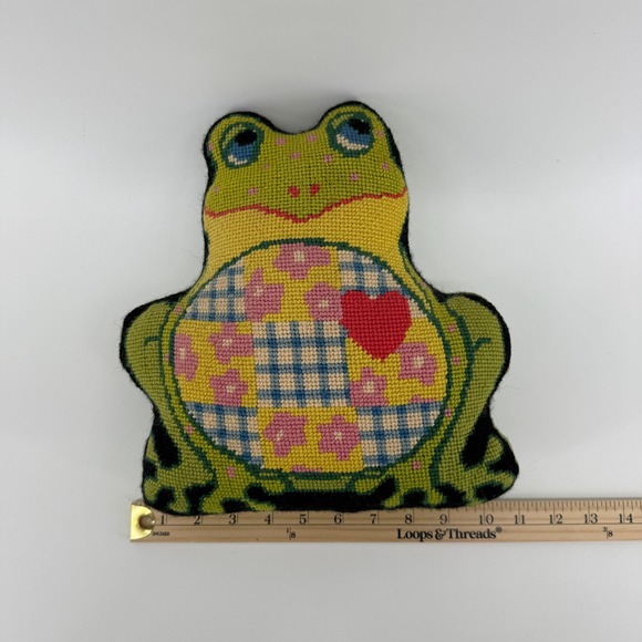 Vintage 1976 Handmade Needlepoint Frog Pillow 11x11 Signed FN 76 Velveteen Back - Picture 9 of 9